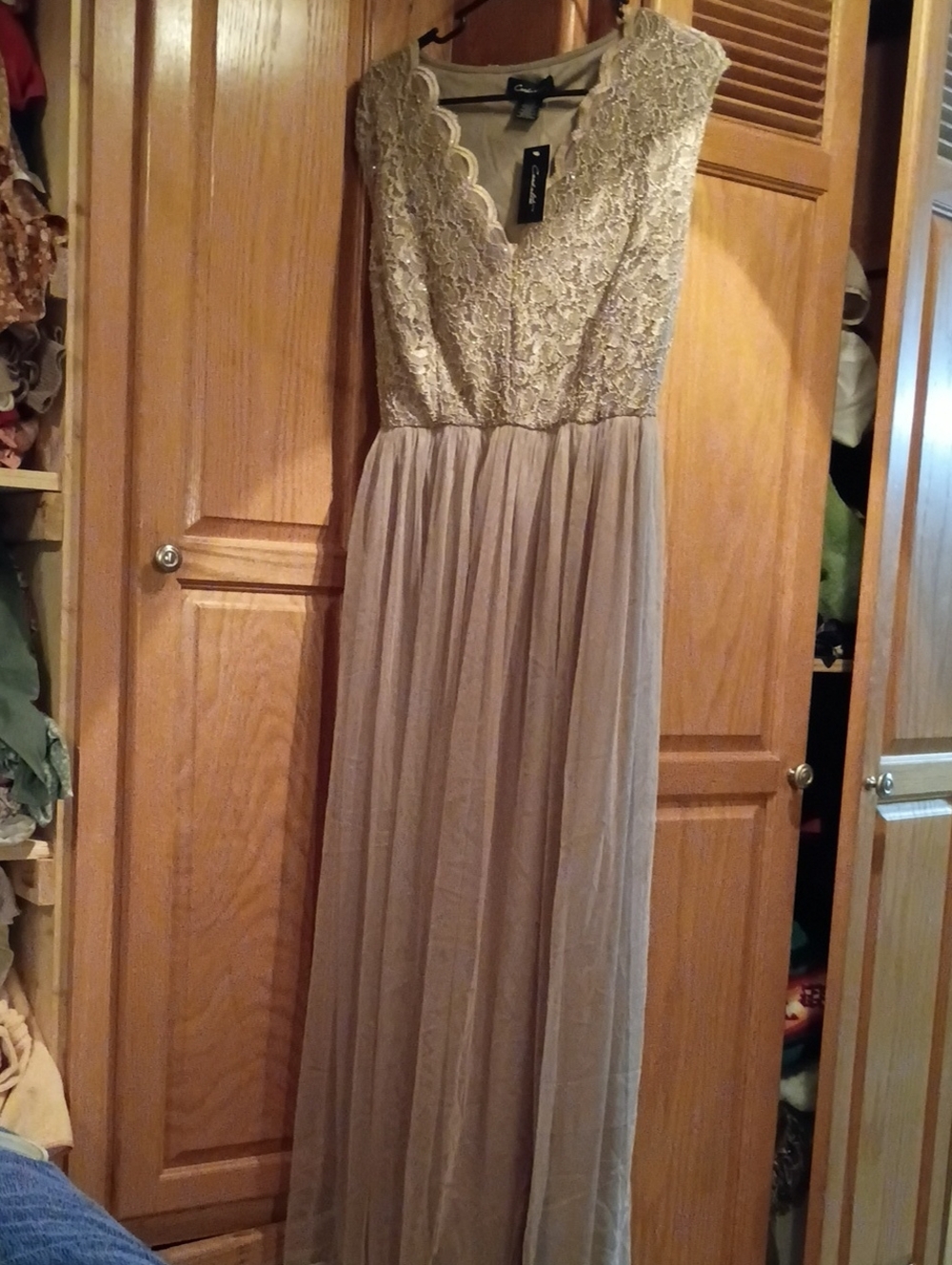Scalloped Lace Bodice Maxi Dress in Champagne Taupe
